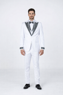 Men’s White Formal Tuxedo with Stones – Premium Peak Lapel 4-Piece