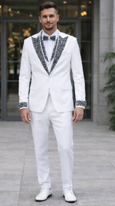Men’s White Formal Tuxedo with Stones – Premium Peak Lapel 4-Piece