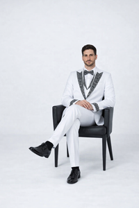Men’s White Formal Tuxedo with Stones – Premium Peak Lapel 4-Piece