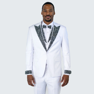 Men’s White Formal Tuxedo with Stones – Premium Peak Lapel 4-Piece