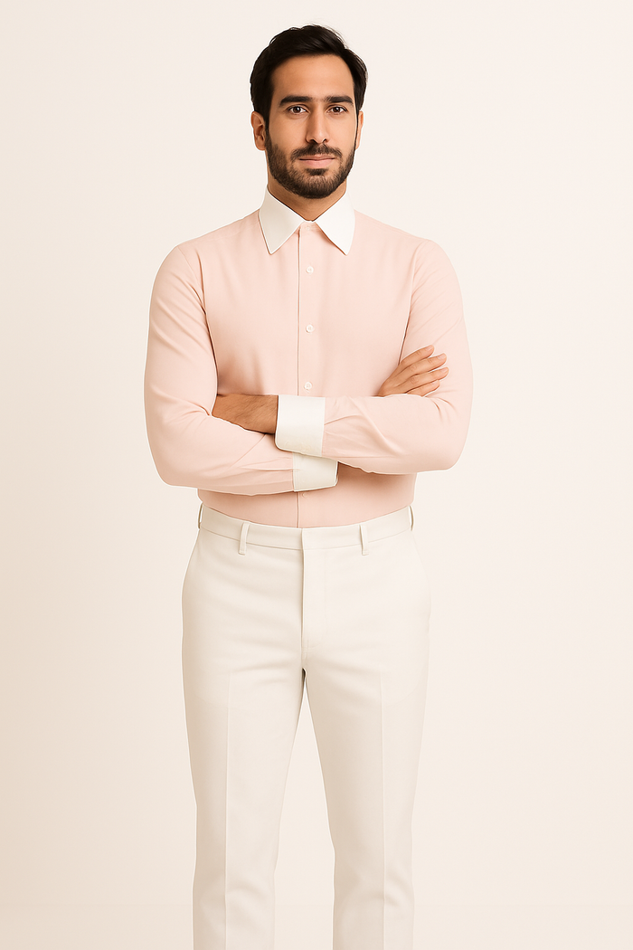 French Cuff Stylish  (10 Colors ) White Collar Two Toned Contrast Men's Dress Shirt - Image 9