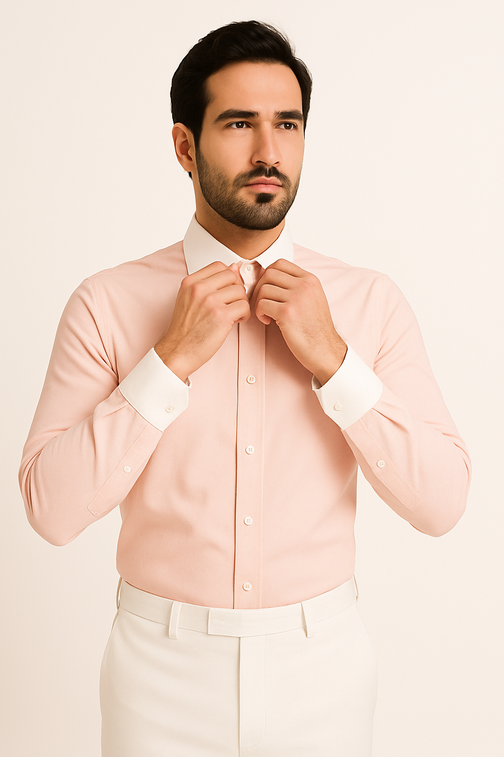French Cuff Stylish  (10 Colors ) White Collar Two Toned Contrast Men's Dress Shirt - Image 8