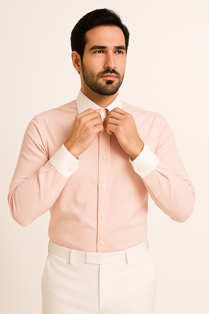 French Cuff Stylish  (10 Colors ) White Collar Two Toned Contrast Men's Dress Shirt - Image 8