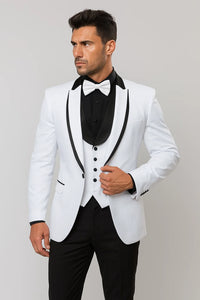 White Slim Fit Tuxedo 3 Piece with Satin Shawl Collar Vest