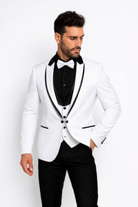 White Slim Fit Tuxedo 3 Piece with Satin Shawl Collar Vest