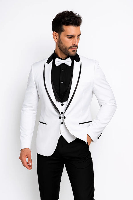 White Slim Fit Tuxedo 3 Piece with Satin Shawl Collar Vest