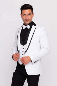 White Slim Fit Tuxedo 3 Piece with Satin Shawl Collar Vest