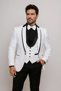 White Slim Fit Tuxedo 3 Piece with Satin Shawl Collar Vest