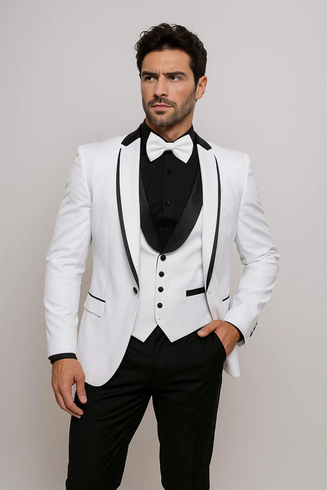 White Slim Fit Tuxedo 3 Piece with Satin Shawl Collar Vest