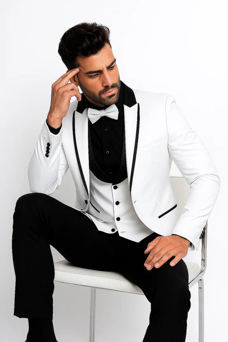 White Slim Fit Tuxedo 3 Piece with Satin Shawl Collar Vest