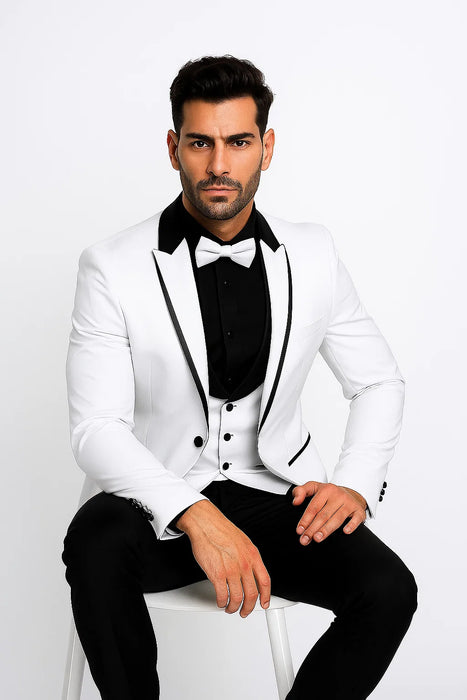 White Slim Fit Tuxedo 3 Piece with Satin Shawl Collar Vest