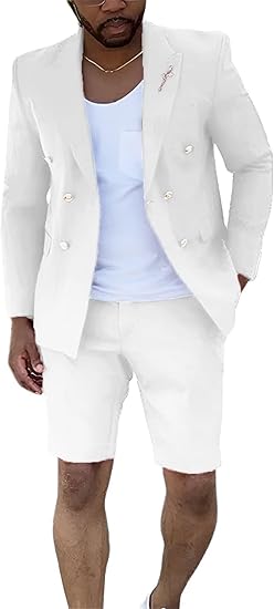 Mens Suits With Shorts - Double breasted Style White With Gold Buttons
