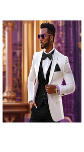 White and Black Tuxedo Wedding Suit - White Dinner Jacket + Vest + Pants + Bow-tie
