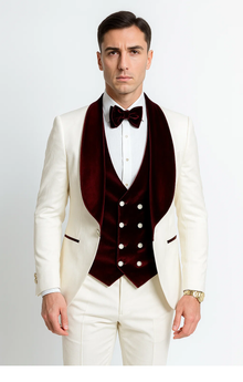 Wedding Tuxedo - Groom Suit - White and Burgundy Prom Suit