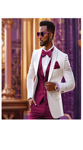 White and Burgundy Tuxedo Wedding Suit - White Dinner Jacket + Vest + Pants + Bow-tie