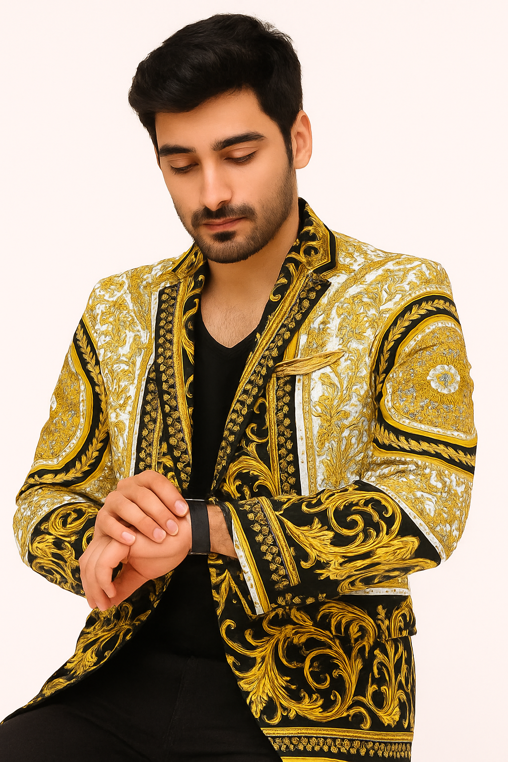 White and Gold and Black Tuxedo Jacket - Designer Pattern
