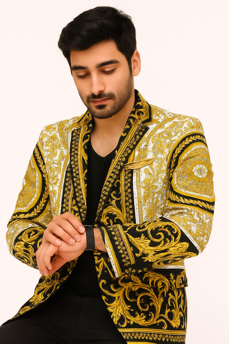 White and Gold and Black Tuxedo Jacket - Designer Pattern