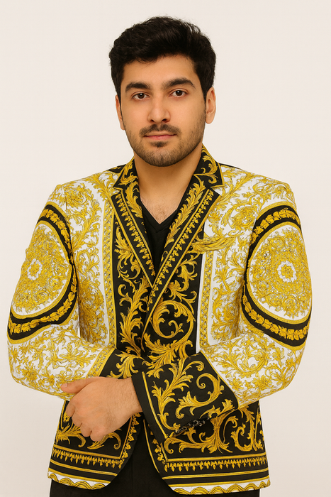 White and Gold and Black Tuxedo Jacket - Designer Pattern