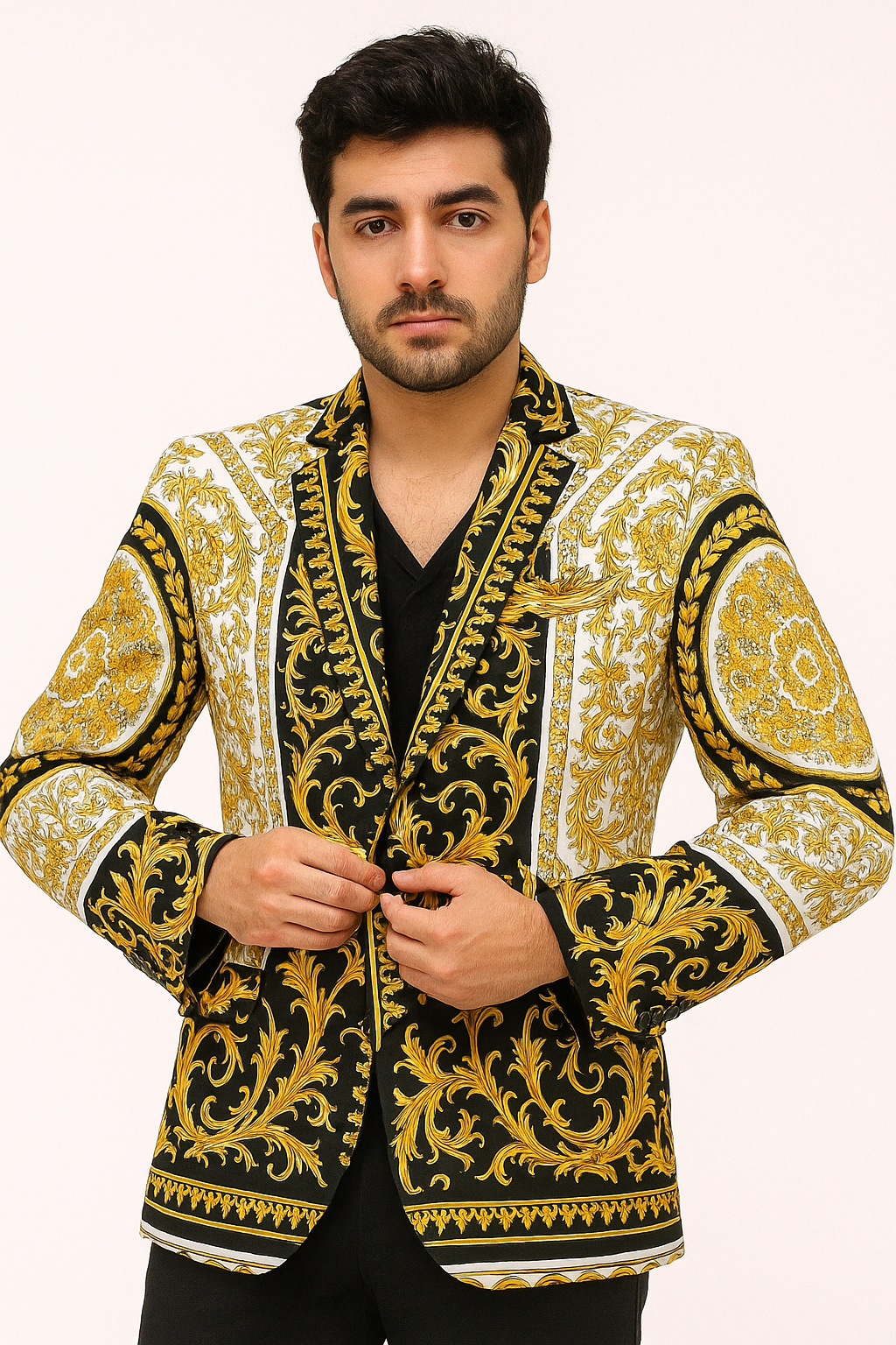 White and Gold and Black Tuxedo Jacket - Designer Pattern