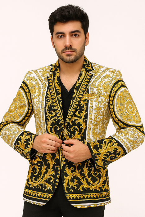 White and Gold and Black Tuxedo Jacket - Designer Pattern