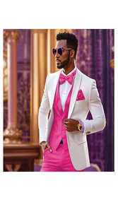 White and Hot Pink Tuxedo Wedding Suit - White Dinner Jacket + Vest + Pants + Bow-tie