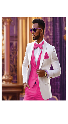 White and Hot Pink Tuxedo Wedding Suit - White Dinner Jacket + Vest + Pants + Bow-tie