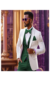 White and Hunter Tuxedo Wedding Suit - White Dinner Jacket + Vest + Pants + Bow-tie