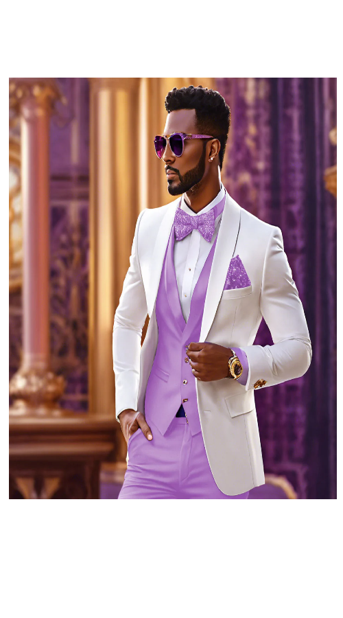 Men’s White and Lavender Tuxedo Wedding Suit with Dinner Jacket, Vest, Pants and Bow Tie