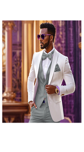 White and Light Grey Tuxedo Wedding Suit - White Dinner Jacket + Vest + Pants + Bow-tie