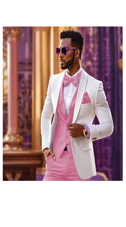 Men’s White and Light Pink Tuxedo Wedding Suit with Dinner Jacket, Vest, Pants and Bow Tie