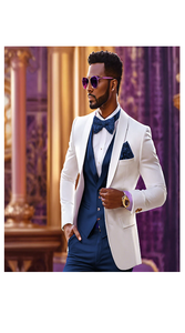 White and Navy Blue Tuxedo Wedding Suit - White Dinner Jacket + Vest + Pants + Bow-tie