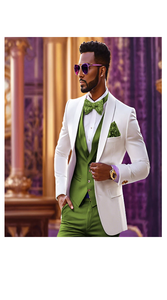 White and Olive Green Tuxedo Wedding Suit - White Dinner Jacket + Vest + Pants + Bow-tie