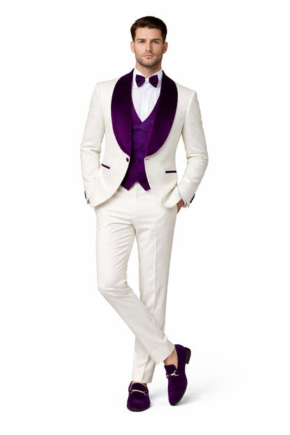 Mens White and Purple Velvet Tuxedo Suit – 3 Piece Shawl Lapel Wedding Prom Set