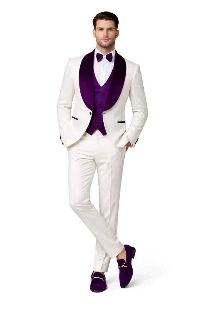 Mens White and Purple Velvet Tuxedo Suit – 3 Piece Shawl Lapel Wedding Prom Set