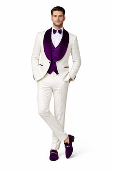 Mens White and Purple Velvet Tuxedo Suit – 3 Piece Shawl Lapel Wedding Prom Set