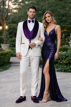 Mens White and Purple Velvet Tuxedo Suit – 3 Piece Shawl Lapel Wedding Prom Set