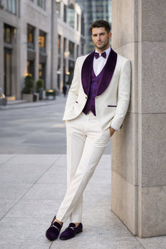 Mens White and Purple Velvet Tuxedo Suit – 3 Piece Shawl Lapel Wedding Prom Set