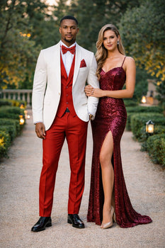 White and Red Tuxedo Wedding Suit - White Dinner Jacket + Vest + Pants + Bow-tie