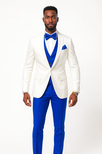 White and Royal Blue Tuxedo Wedding Suit - White Dinner Jacket + Vest + Pants + Bow-tie