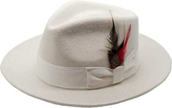 Gangster 100% Australian Wool Crushable Mens Fedora Hat - Removable Feather Gangster White Mens Fedora Hat