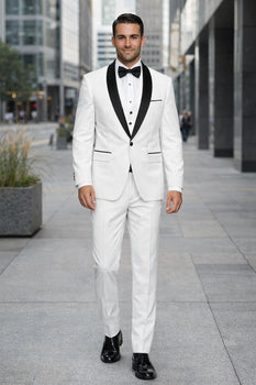 White Shiny Tuxedo Vested Suit - Sateen Sharkskin Fabric Groom Suit