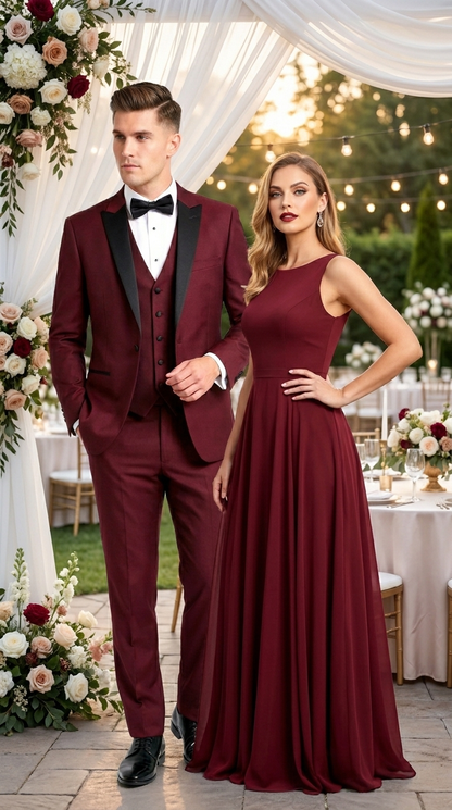 Men’s Burgundy Wine Tuxedo Suit with Black Peak Lapel, Jacket and Pants Formal Dinner Suit