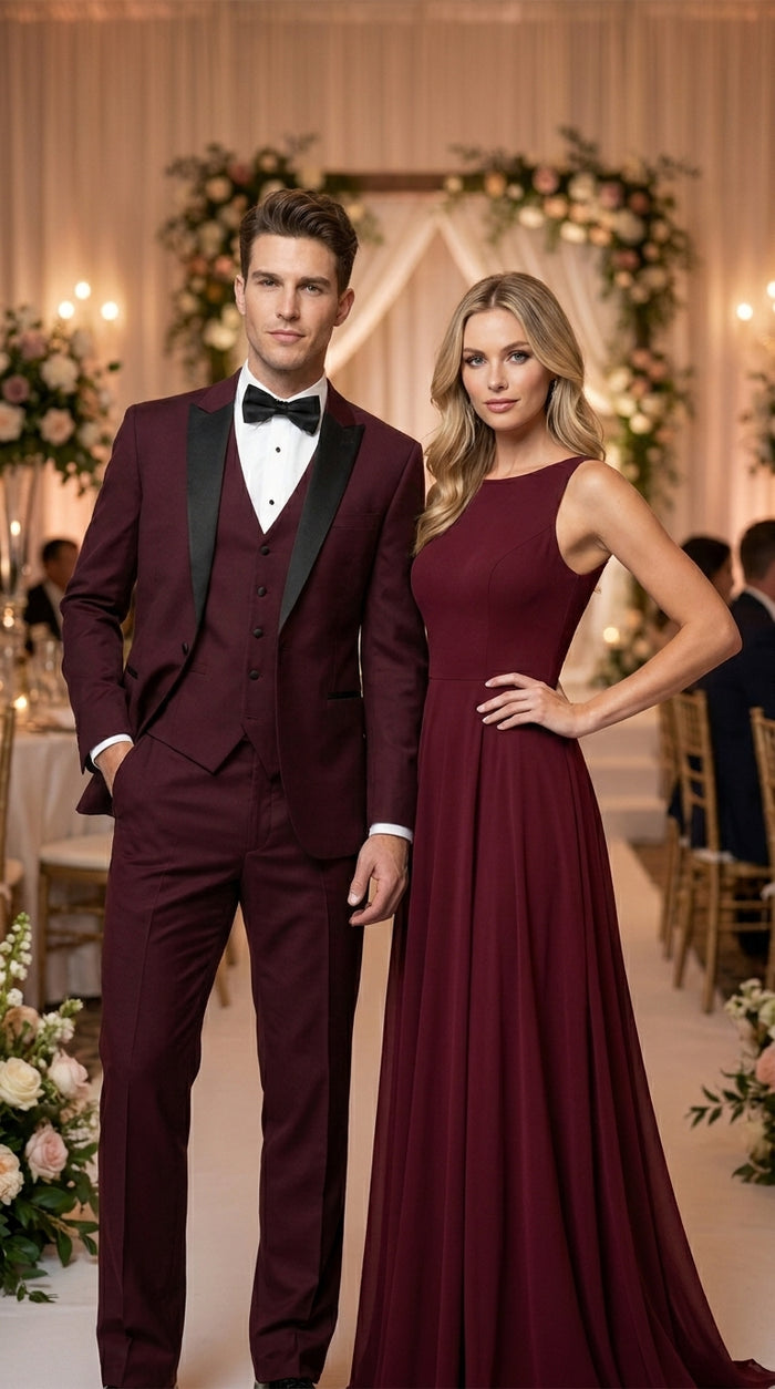 Men’s Burgundy Vested Wedding Tuxedo, One Button Jacket with Black Peak Lapel and Matching Pants