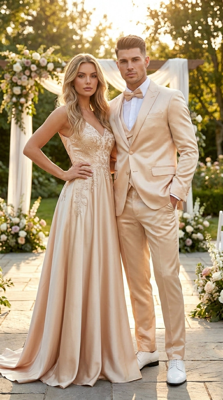 Champagne Suit - Light Gold Color Shiny Suit - Sateen Suit - Wedding Tuxedo Suit