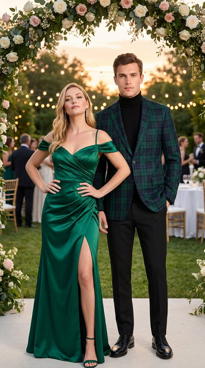 Men’s Green Tartan Plaid Dinner Jacket with Notch Lapel, Formal Sportcoat Blazer
