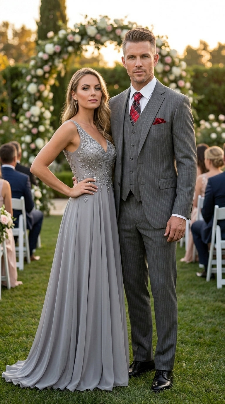 Men’s Medium Grey Classic Vested Pinstripe Suit with Jacket, Vest and Pants, Formal Dress Suit