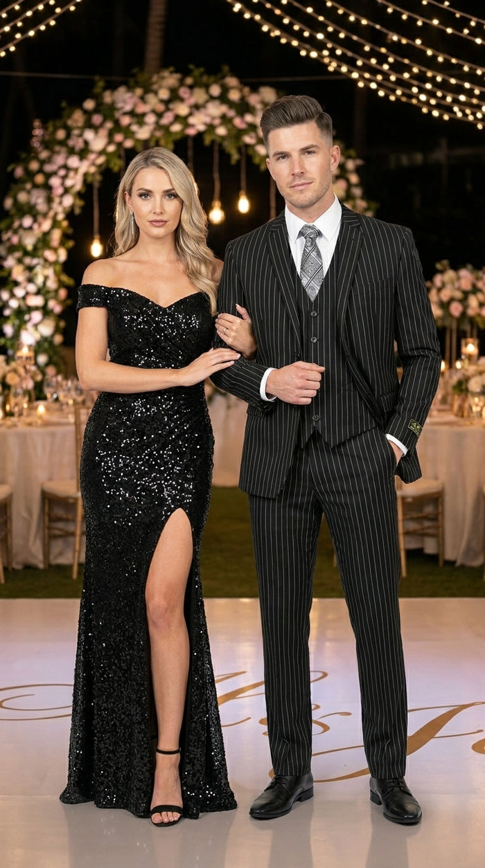 Men’s Jet Liquid Black Suit with White Pinstripes, 2 Button Vested Formal Dress Suit Modern Fit