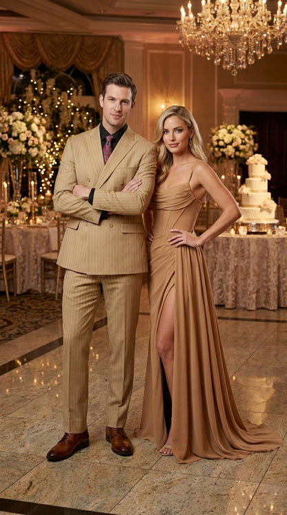 Mens Double Breasted Gangster Bold Pinstripe Suit in Camel