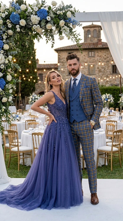Statement - Men’s Blue and Gold Windowpane Plaid 3 Piece Wool Suit with Double Breasted Vest Modern Fit
