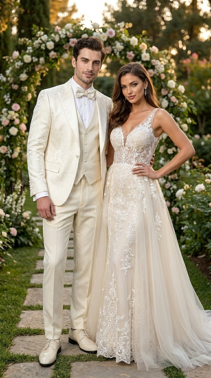 Men’s Champagne Ivory Paisley Dinner Jacket with Bow Tie, Off White Floral Formal Blazer